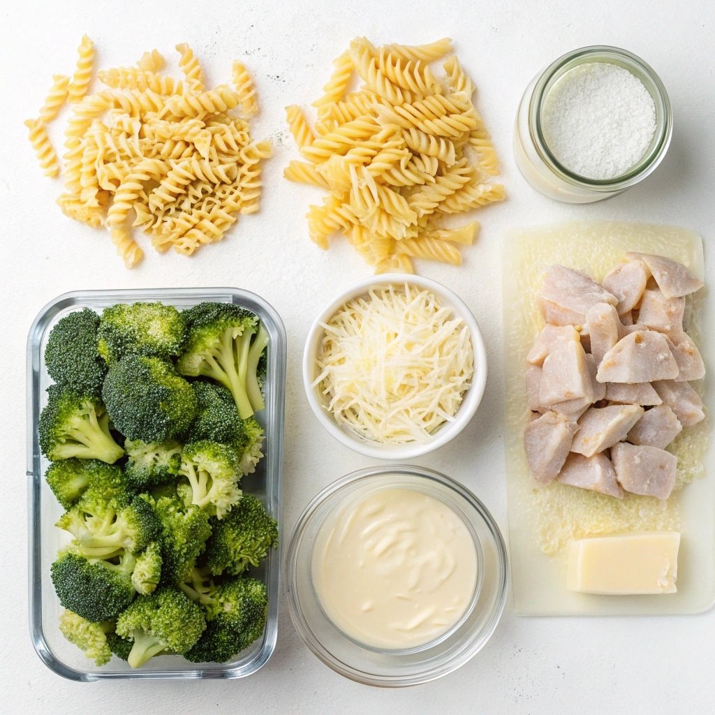 Ingredients for chicken broccoli alfredo bake