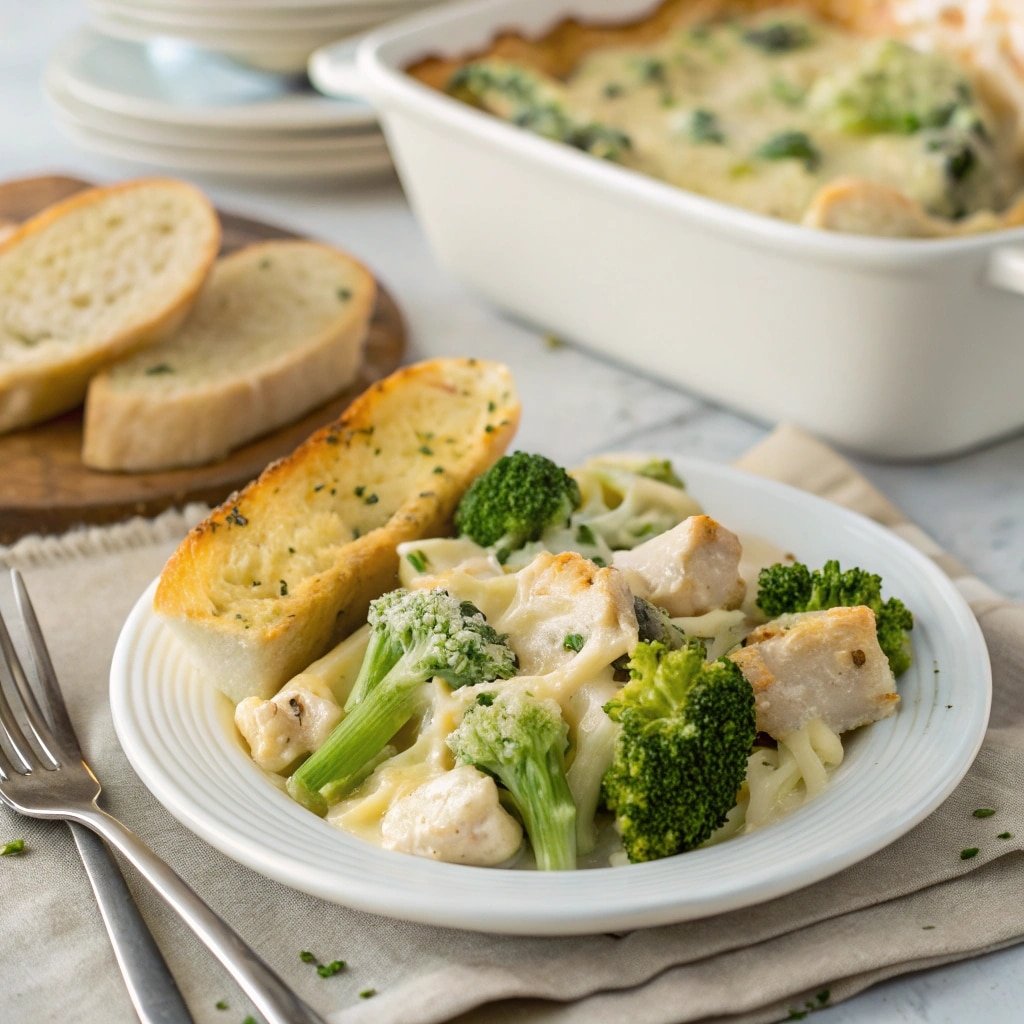 Serving of chicken broccoli alfredo bake