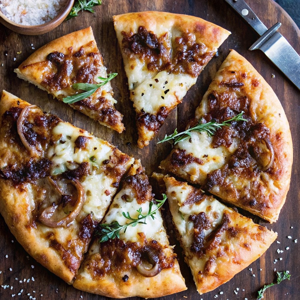 french onion soup pizza on rustic wooden board