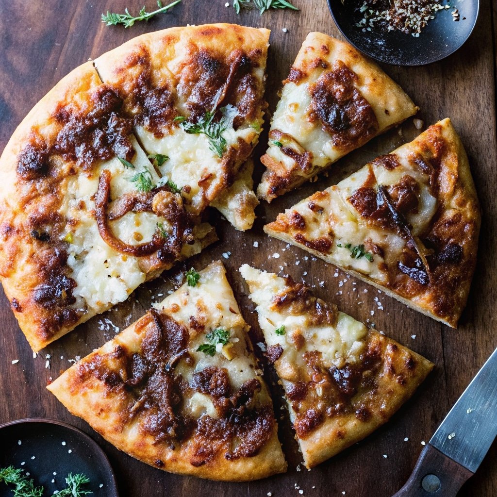 slice of french onion soup pizza served with salad