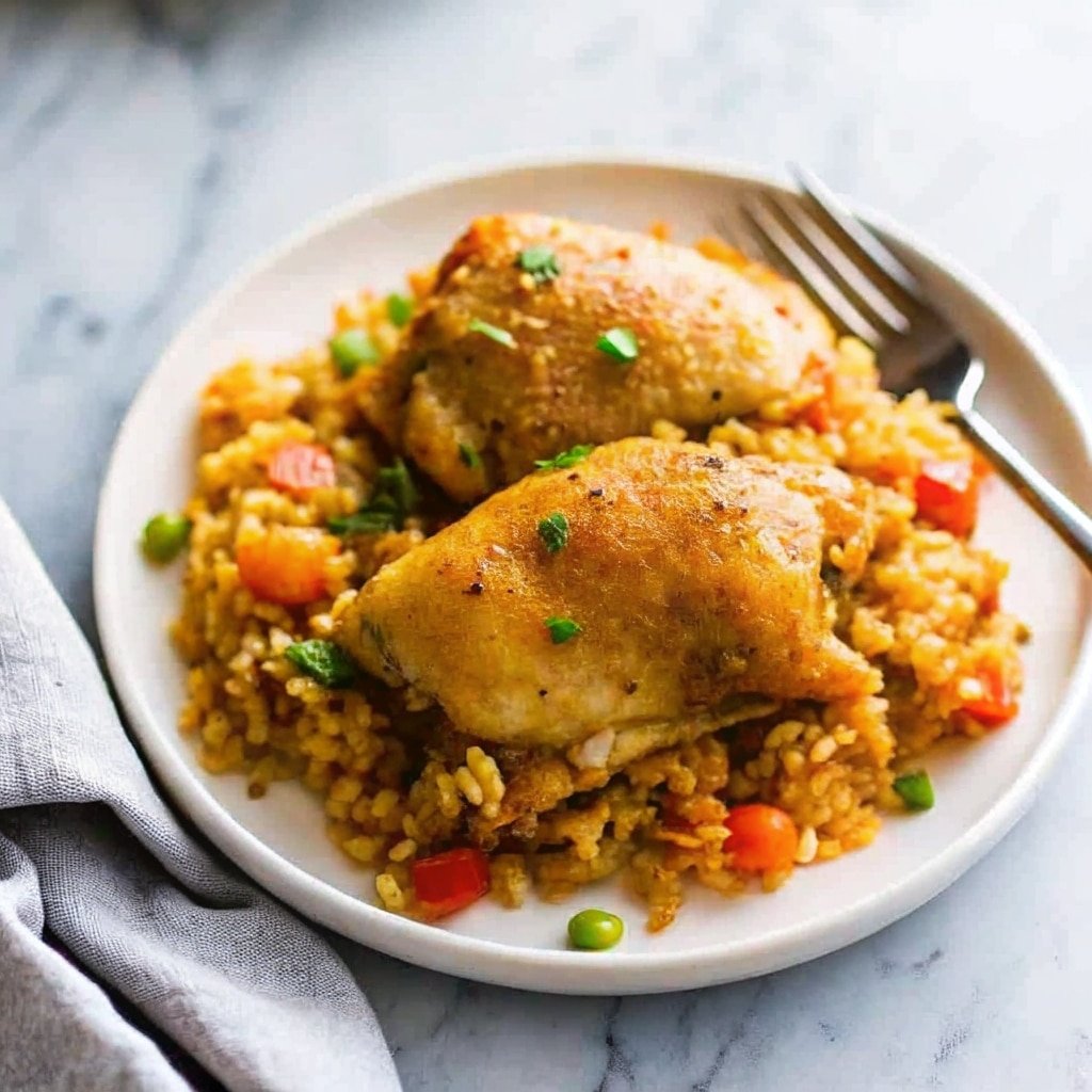 Instant Pot chicken thighs and rice served in a rustic bowl