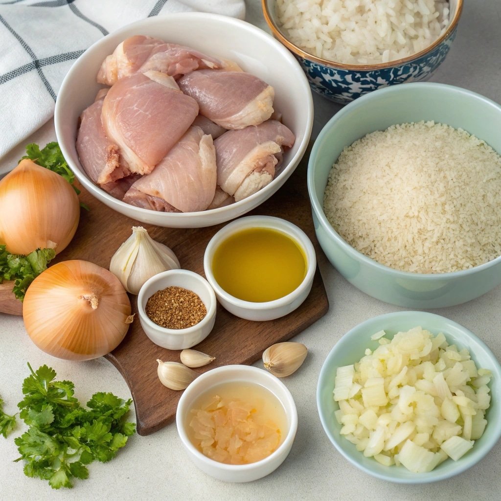 Ingredients for Instant Pot chicken thighs and rice on counter