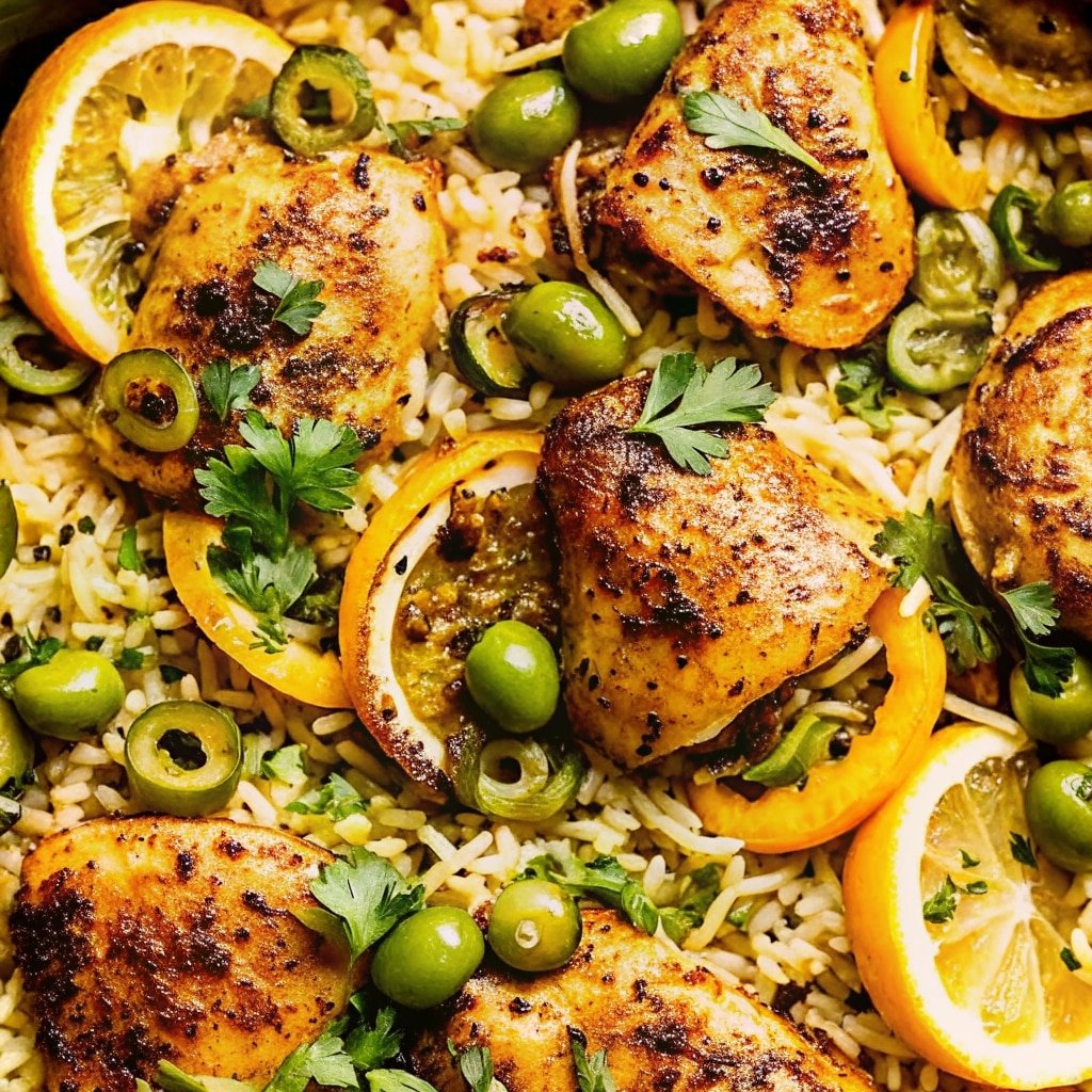 One pot chicken and rice with caramelized lemon in skillet