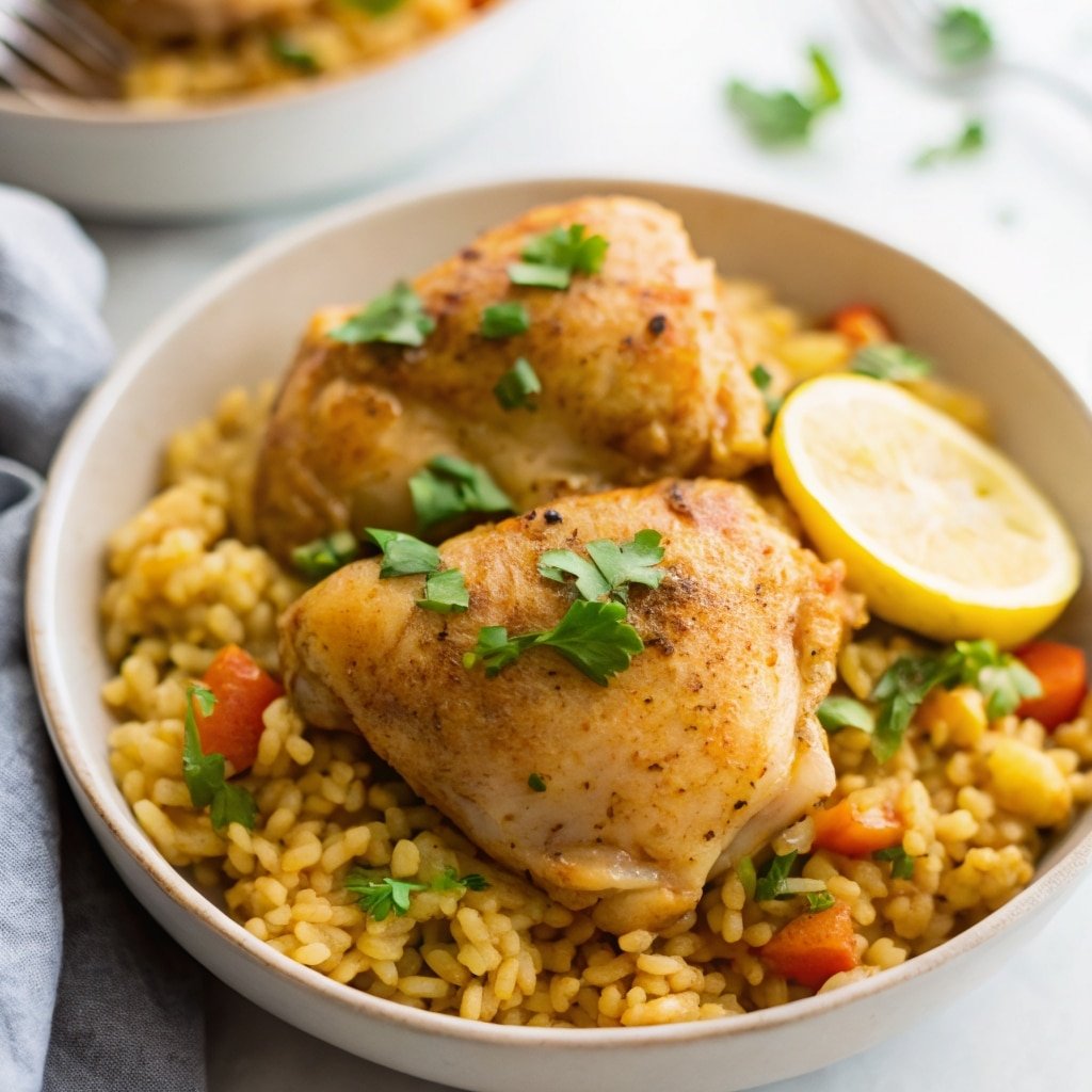 Serving bowl of cooked Instant Pot chicken thighs and rice