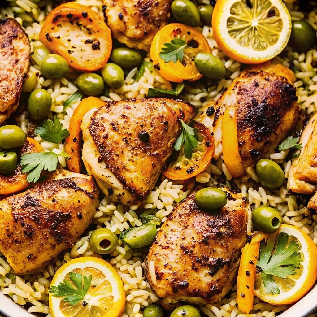 Plated one pot chicken and rice with caramelized lemon