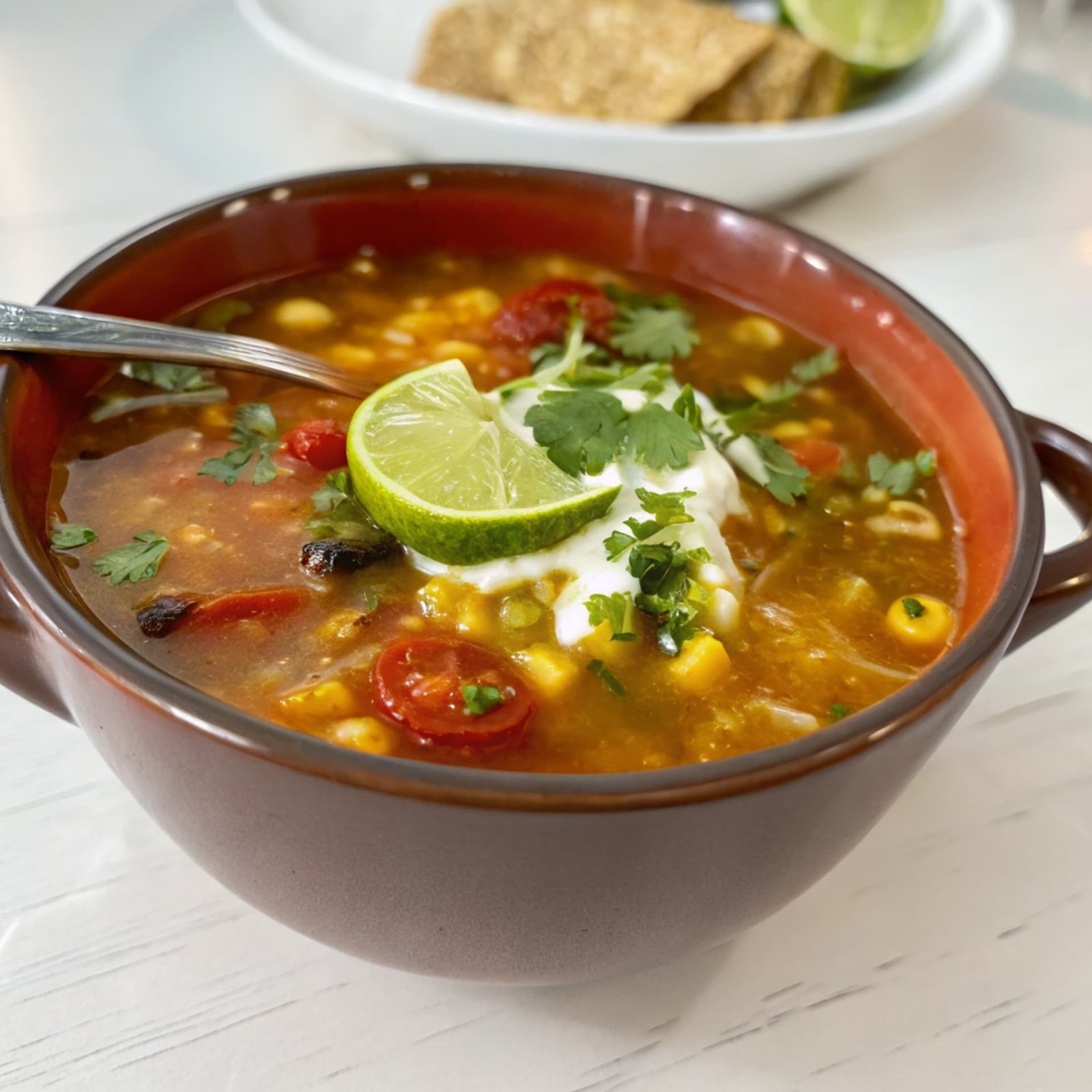 Spanish Rice Soup in a bowl with garnishes