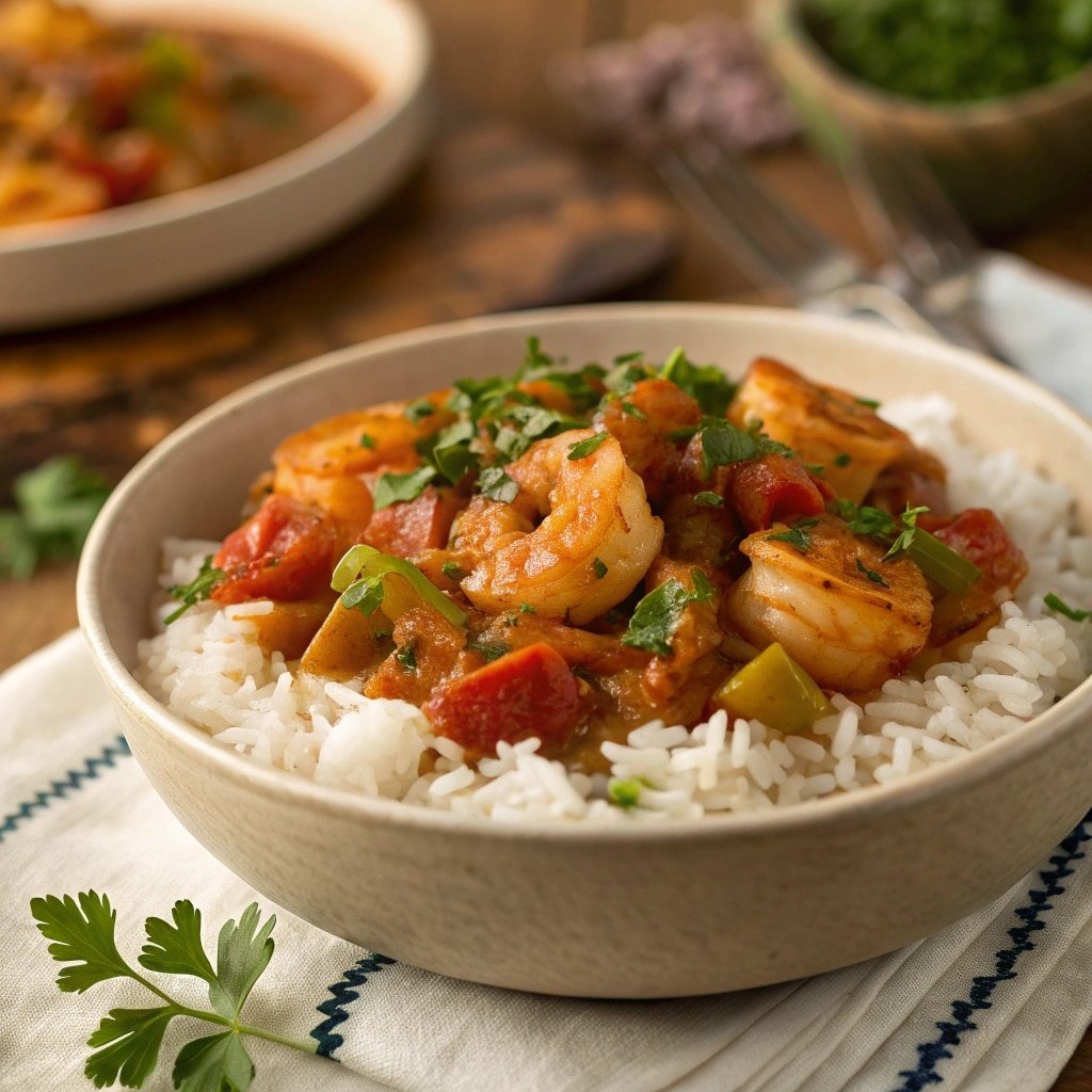 Home 7 prawn creole recipe served with rice