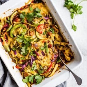 Chicken fajita casserole with rice in baking dish
