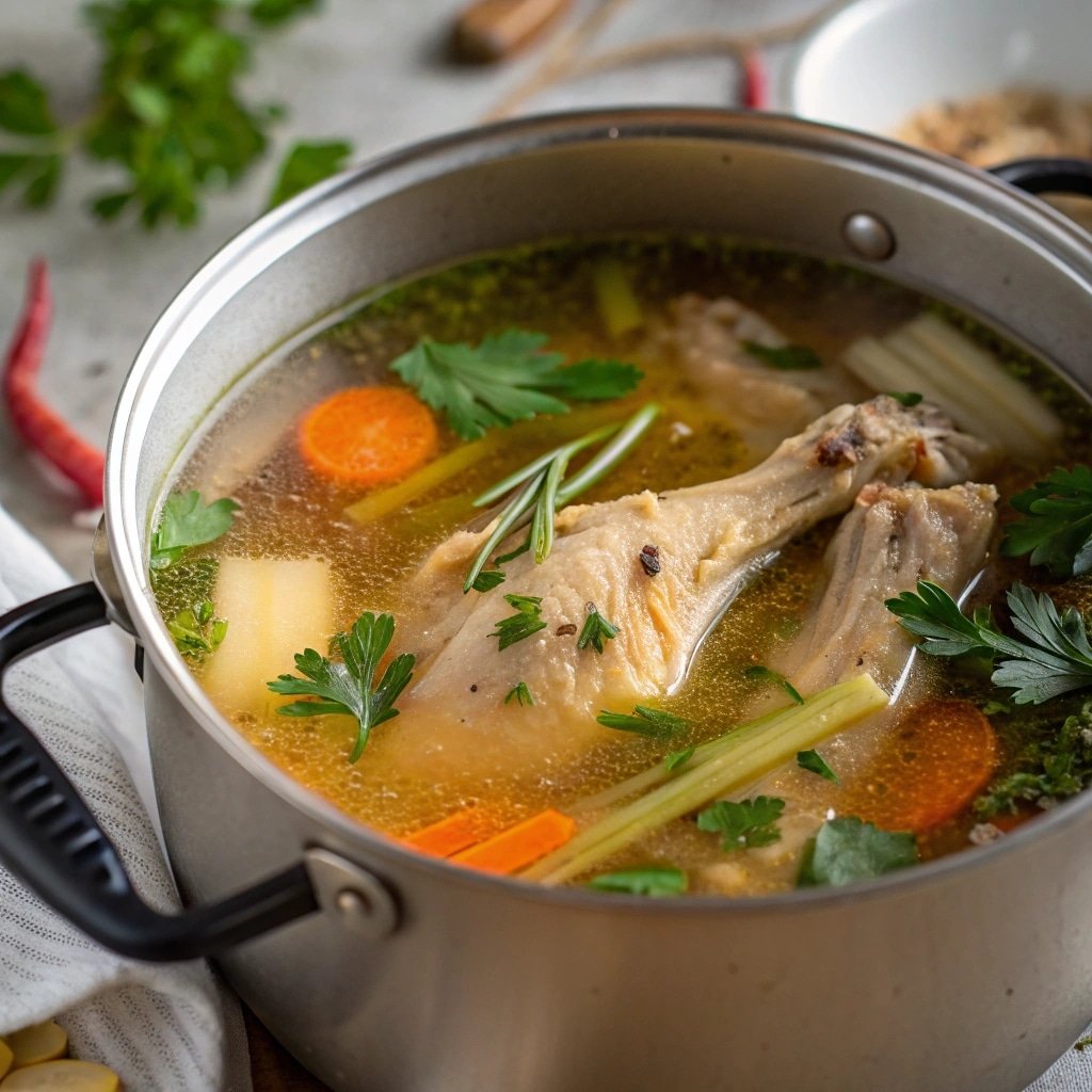 chicken soup stock recipe simmering