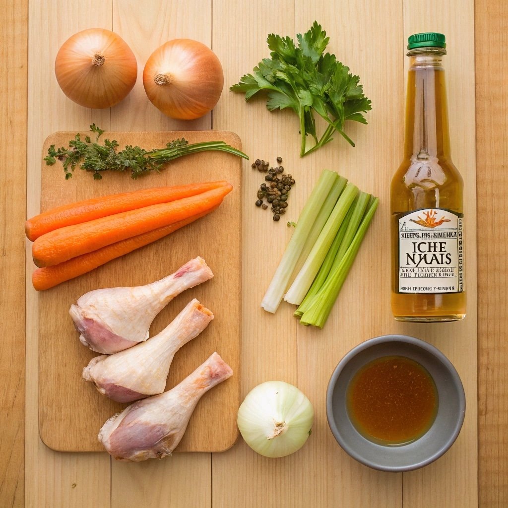 chicken stock soup recipe ingredients flat lay