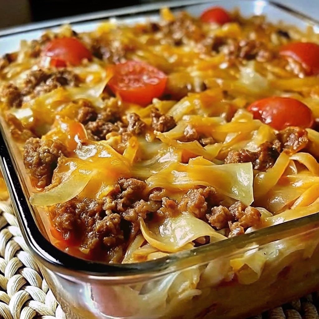 Recipe card for savory cabbage beef bake