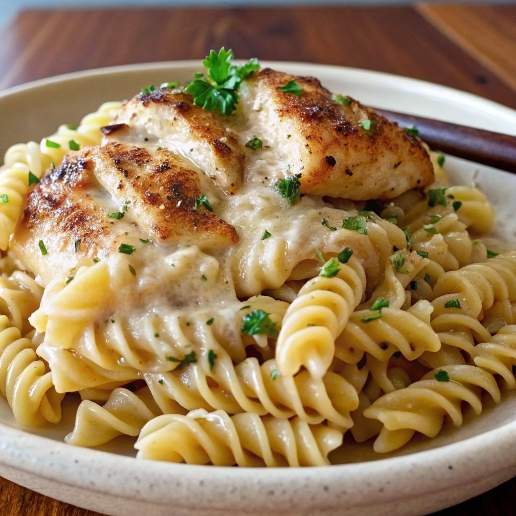 creamy garlic butter chicken and rotini in parmesan sauce