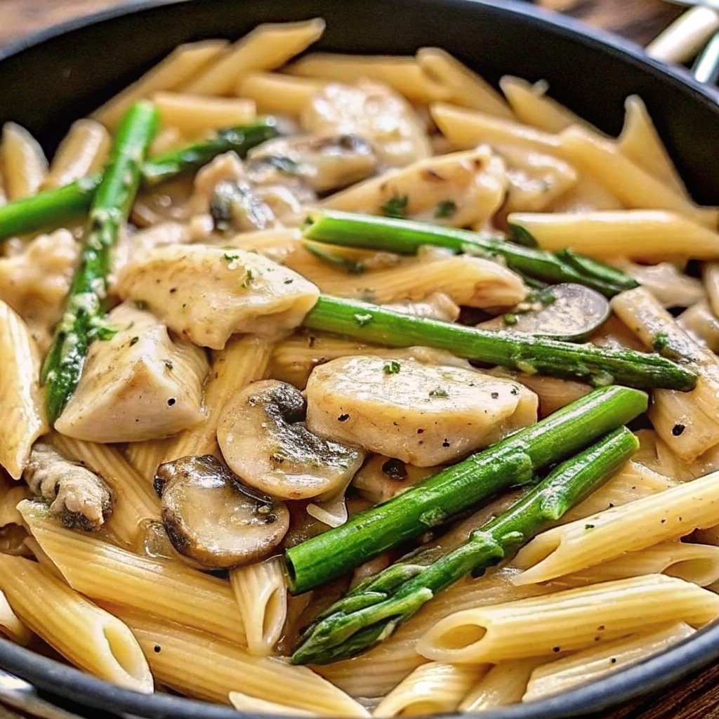 creamy mushroom and asparagus chicken penne in a ceramic bowl