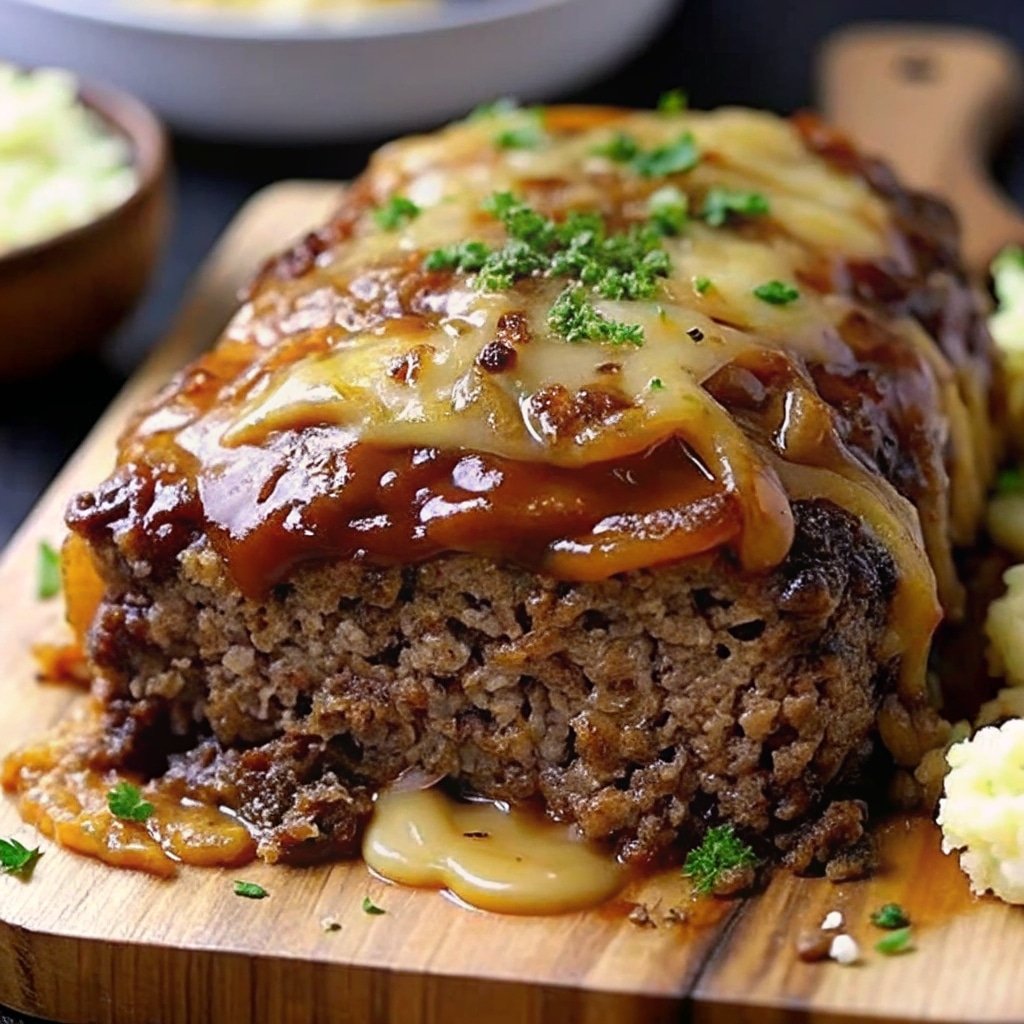 crockpot french onion meatloaf on dinner table