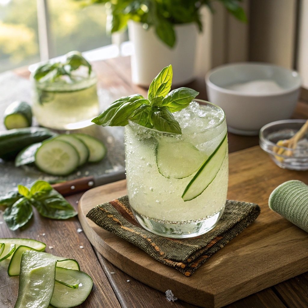 Cucumber basil gimlet cocktail in a chilled glass