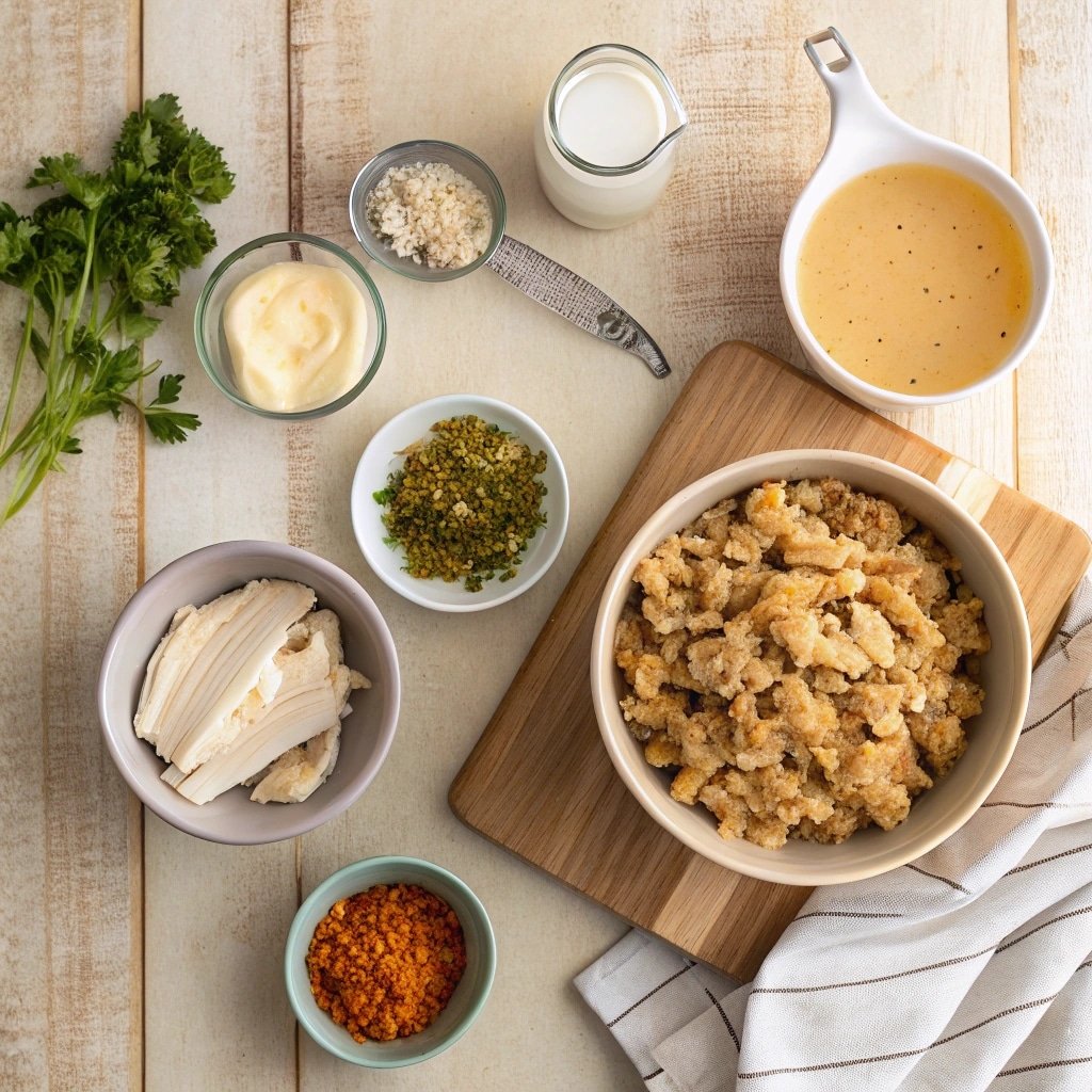 Ingredients for Dolly's chicken and stuffing casserole