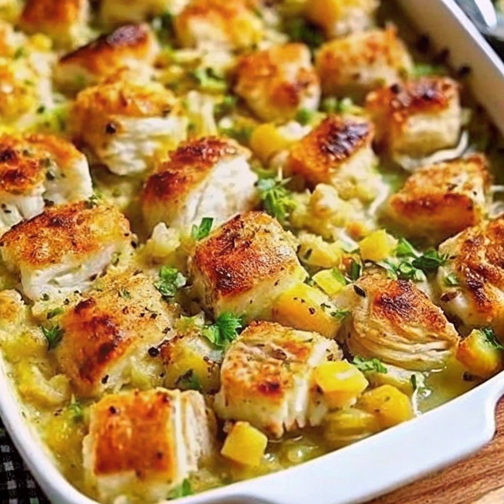 Dolly's chicken and stuffing casserole in a rustic dish