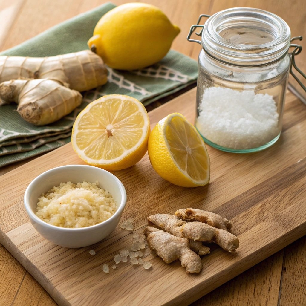Ingredients for lemon ginger ferment on wood cutting board