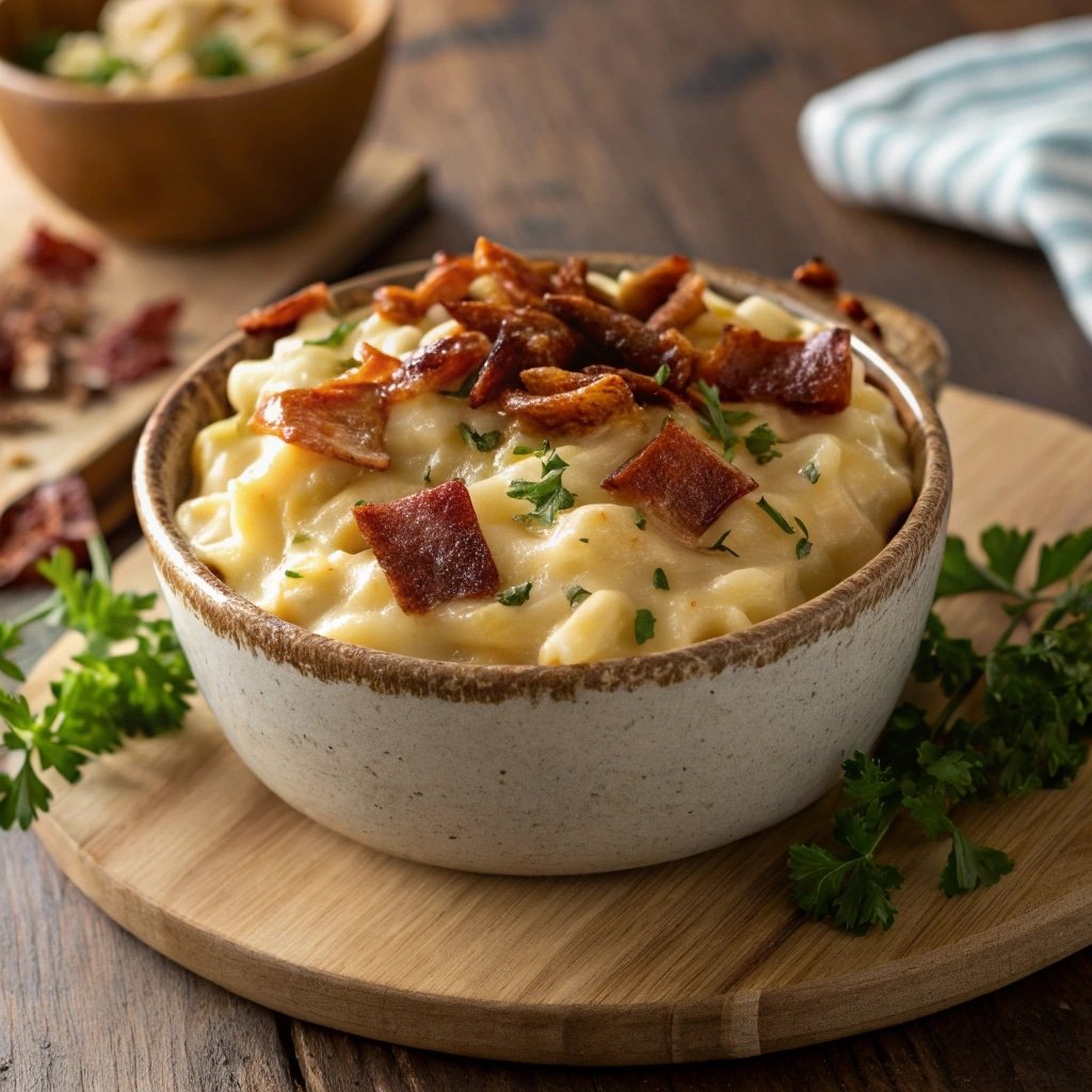 mac and cheese bowl on wooden table