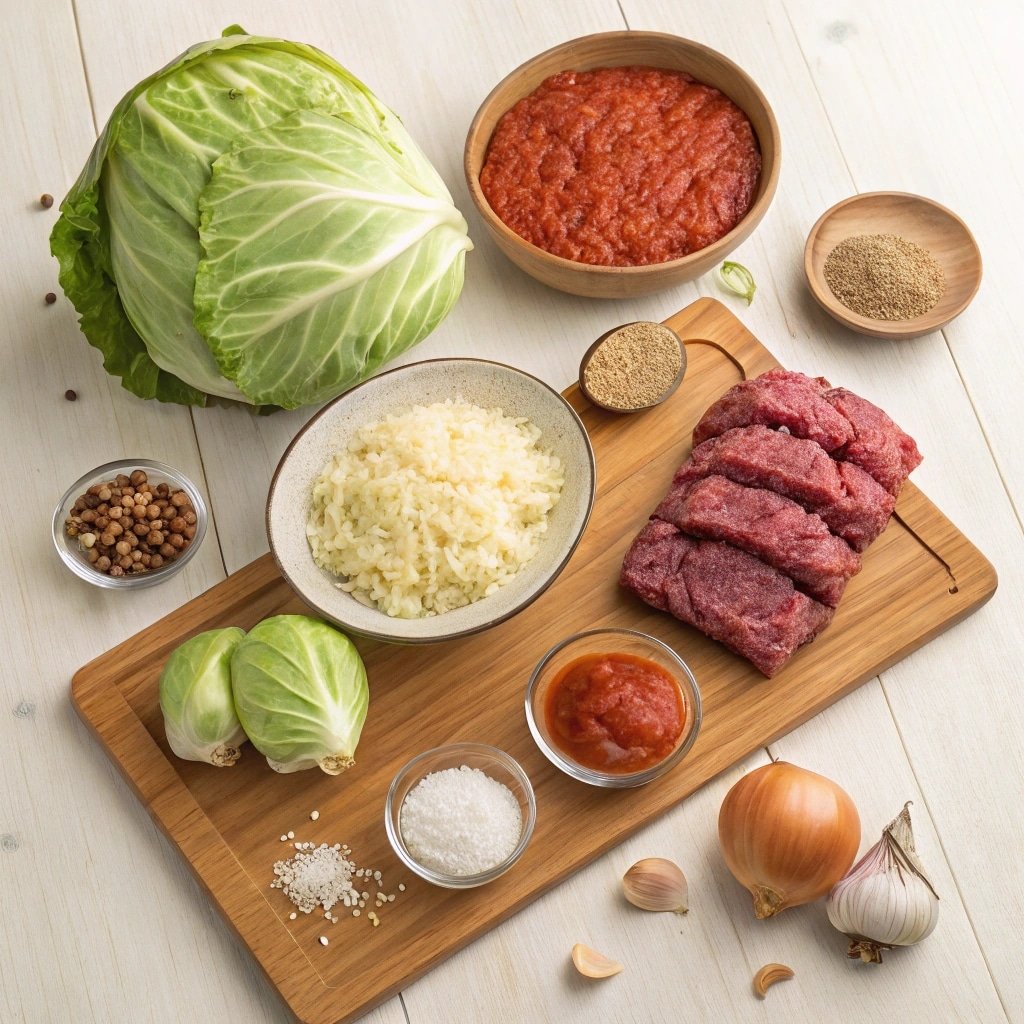 Ingredients for savory cabbage beef bake