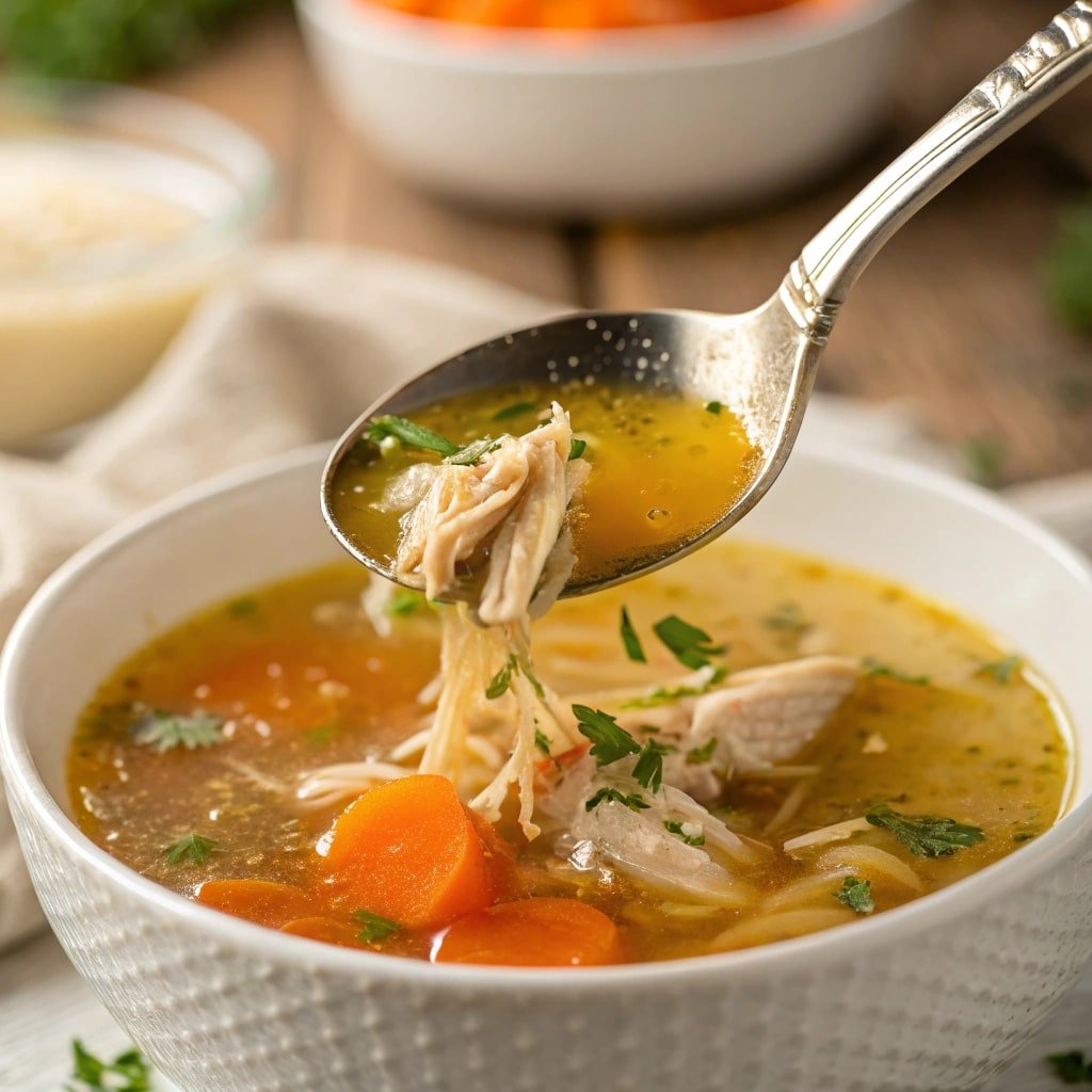 spoon lifting chicken stock soup with visible chicken and herbs