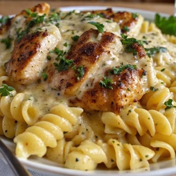 creamy garlic butter chicken and rotini served