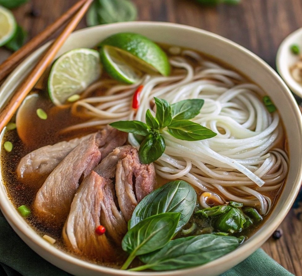 well done flank pho served hot with herbs
