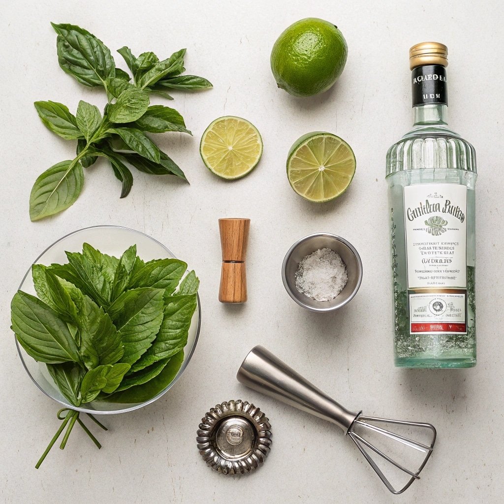 Thai Basil Gimlet: Simple, Bold Cocktail for Herb Lovers 2 Thai basil gimlet ingredients on counter